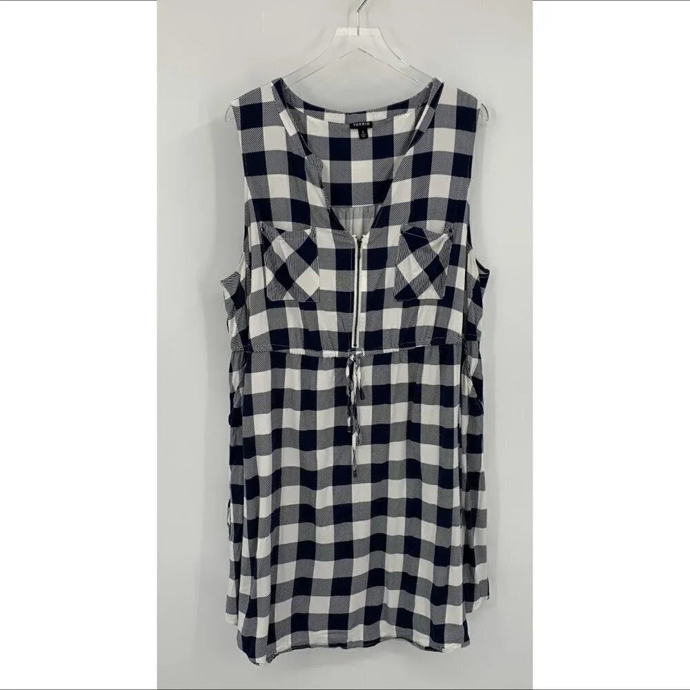 Torrid Mini Challis Zip-Front Shirt Dress navy blue white check plaid 4X 26 - Picture 2 of 5